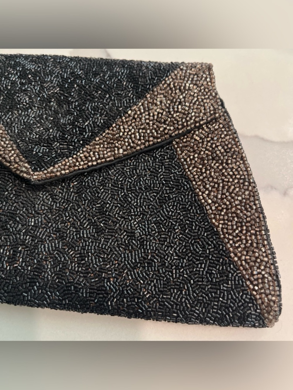 Black Beaded Evening Clutch Brass Color Accents Unique Made in France Chic - Picture 2 of 11